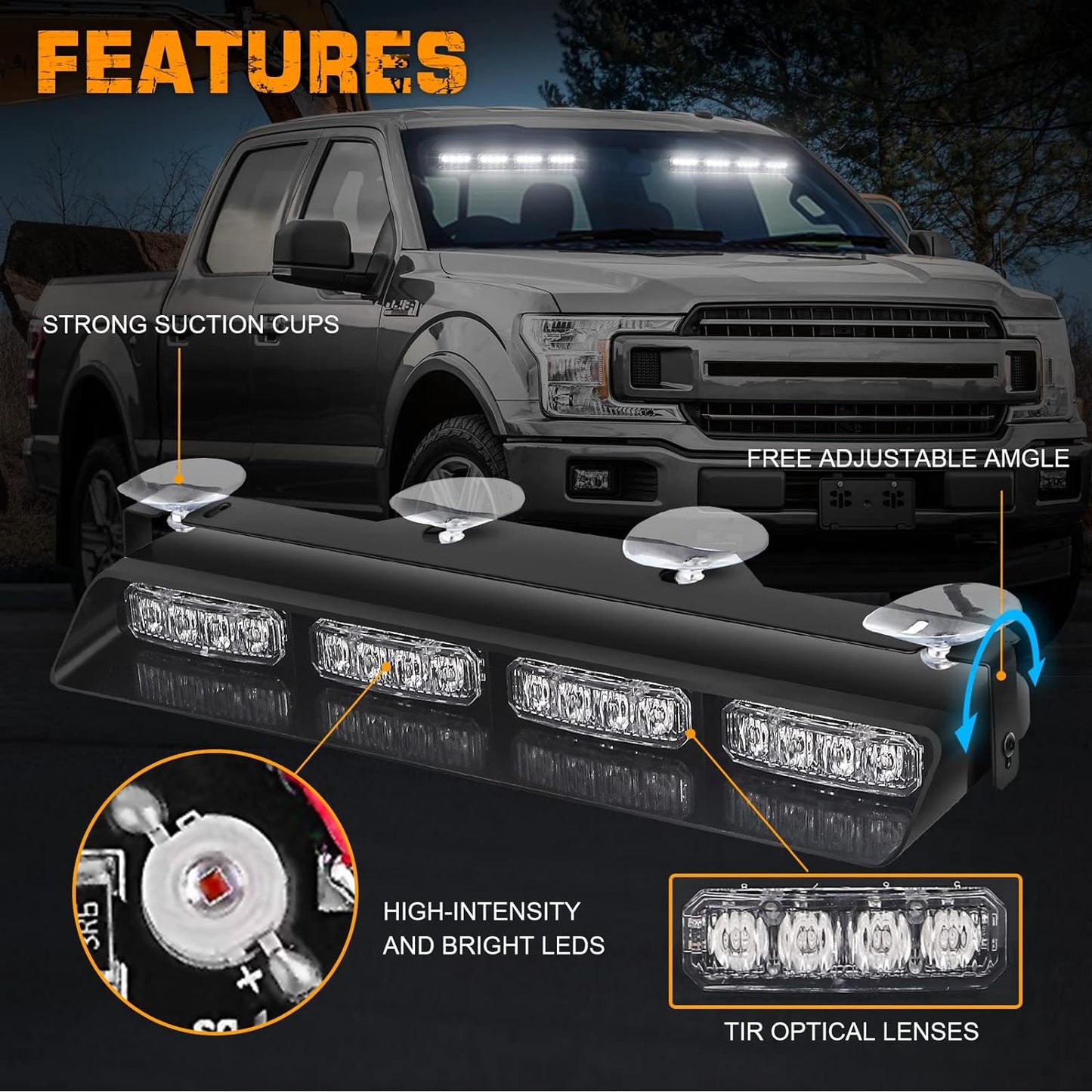 XRIDONSEN Emergency Dash Strobe Lights Safety Flashing Warning Hazard Interior Front/Rear Windshield Deck Split Light Bar w/Suction Cups for Construction Vehicles Trucks (2x14 inch, Amber White)