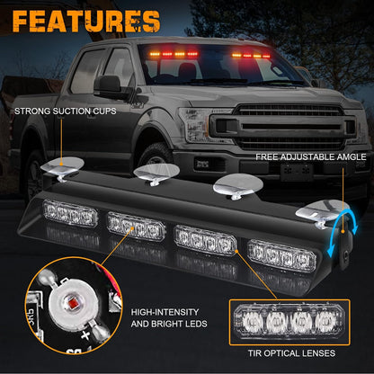 XRIDONSEN Emergency Dash Strobe Lights Safety Flashing Warning Hazard Interior Front/Rear Windshield Deck Split Light Bar w/Suction Cups for Construction Vehicles Trucks (2x14 inch, Amber White)