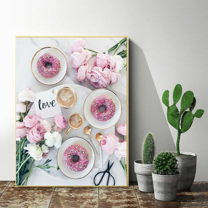 DIY Paint by Numbers Canvas Painting Kit - Pink Breakfast Donuts Roses