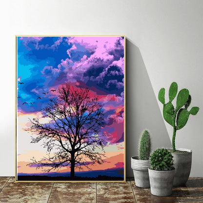 DIY Paint by Numbers Canvas Painting Kit - Lonely Tree Under Pink Sky