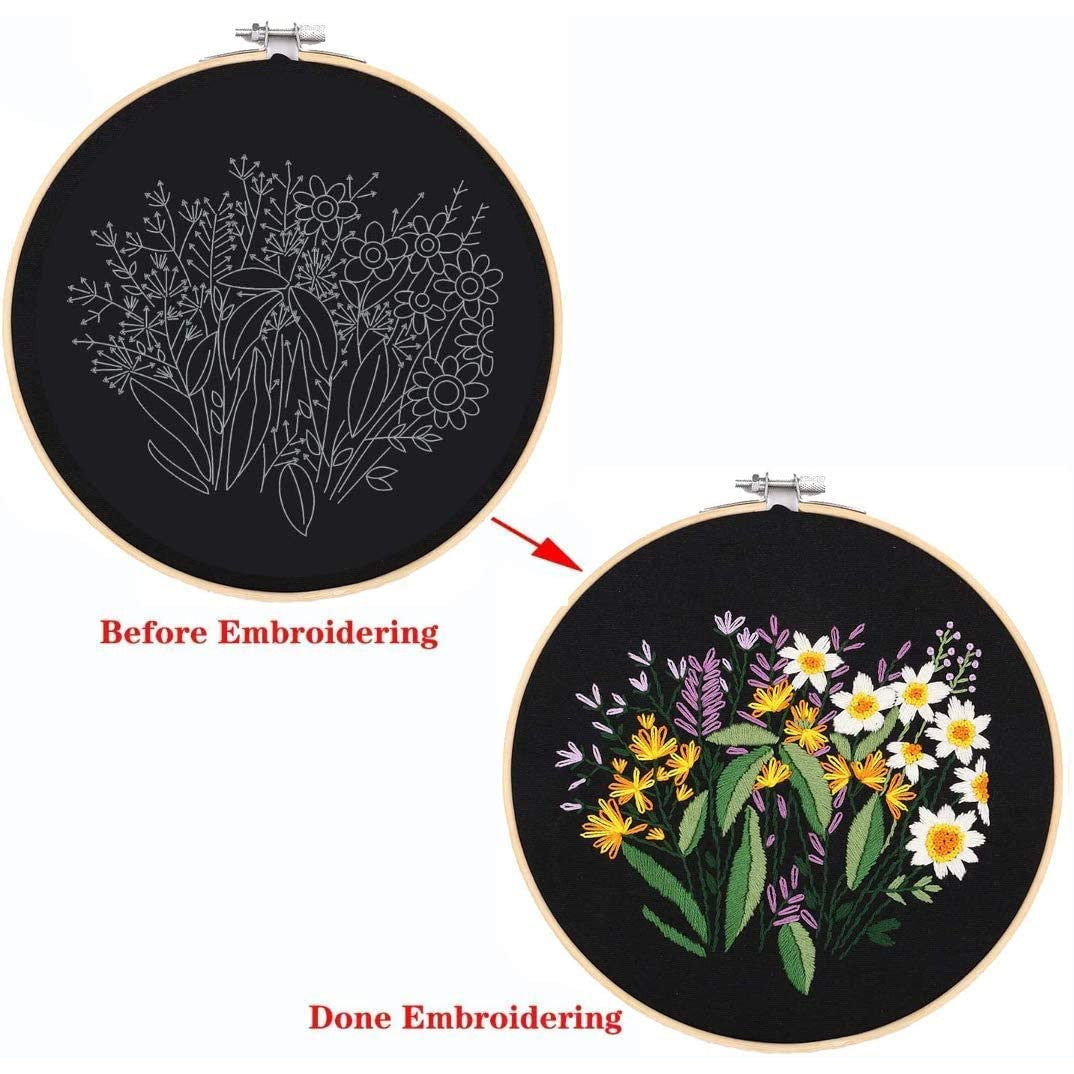 Embroidery Starter Kit with Pattern Flowers Black