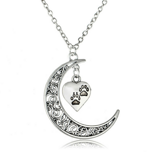 Crescent Moon and Paws Pendant Necklace, 19.5'' Chain, Great Gift for Animal Lovers