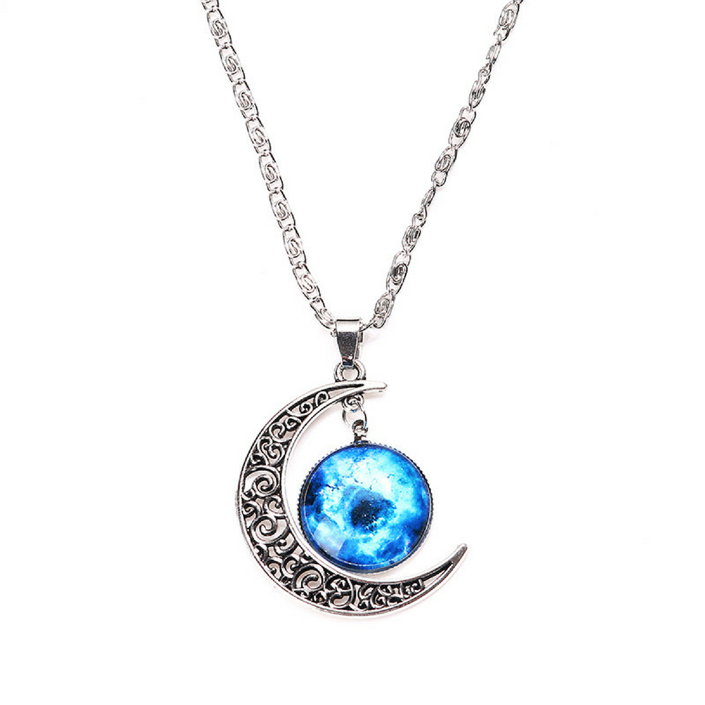 Galaxy & Crescent Cosmic Moon Pendant Necklace, Blue Glass, 17.5'' Chain