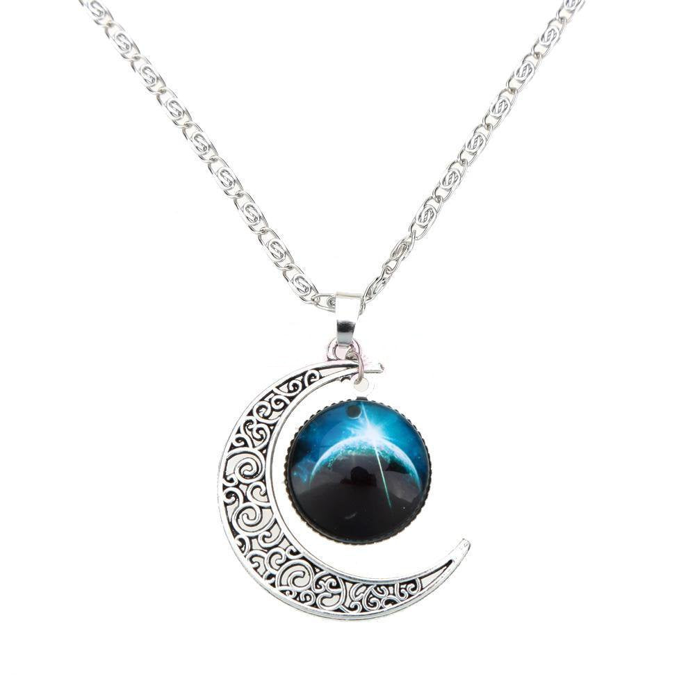 Galaxy & Crescent Cosmic Blue Moon Pendant Necklace, Blue Glass, 17.5'' Chain