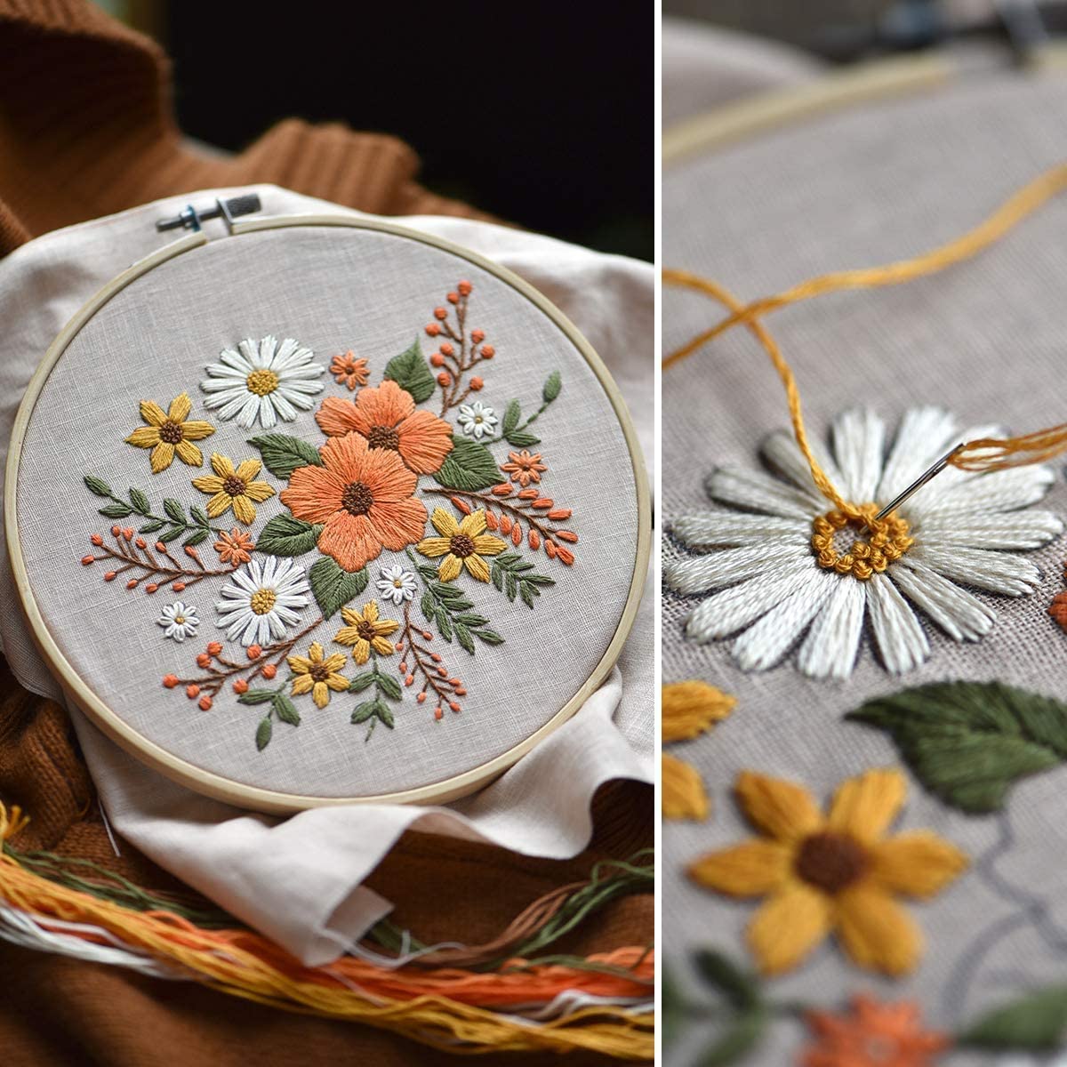 Embroidery Starter Kit with Pattern Flowers White Orange