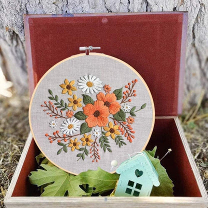 Embroidery Starter Kit with Pattern Flowers White Orange