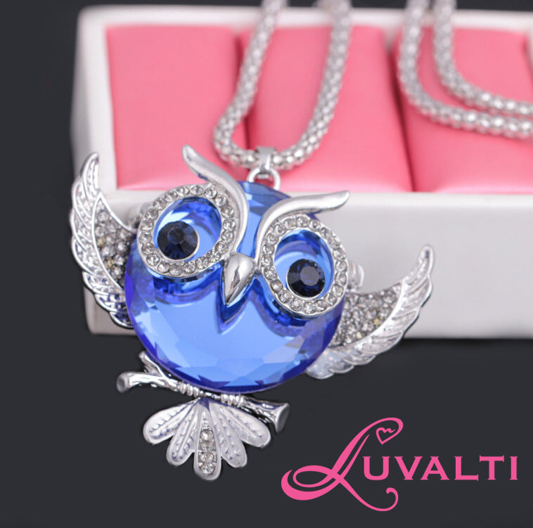 Owl Pendant Necklace for Women - Blue Crystal Pendant Necklace