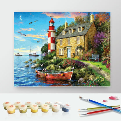 DIY Paint by Numbers Canvas Painting Kit - Lighthouse Sailing Boat