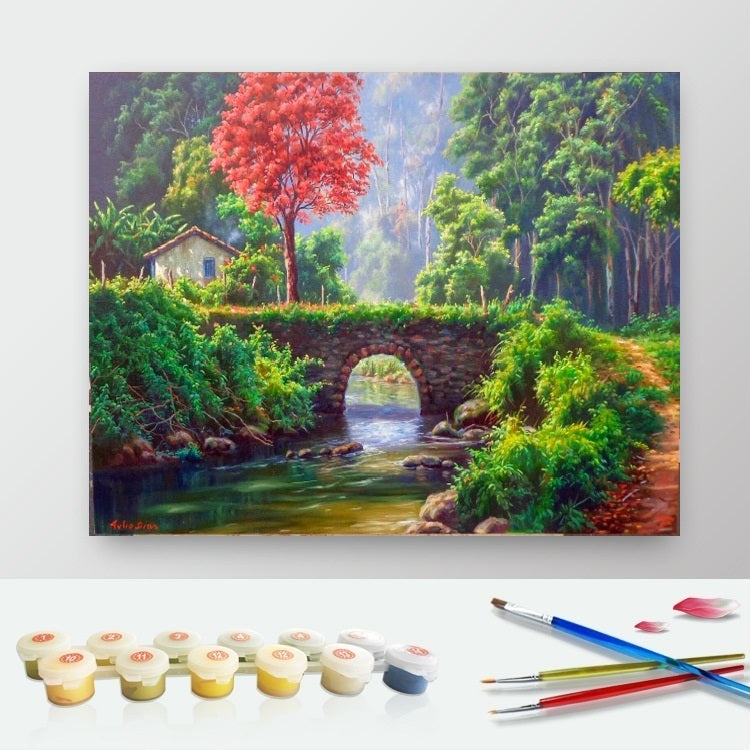 DIY Paint by Numbers Canvas Painting Kit - Village Bridge Landscape