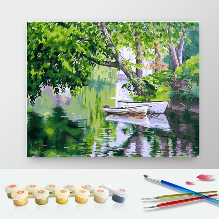 DIY Paint by Numbers Canvas Painting Kit - Fishing Boat Lake Reflection