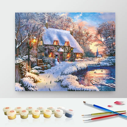 DIY Paint by Numbers Canvas Painting Kit - Winter House by The Lake