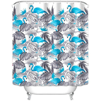 Fabric Shower Curtain Set with Hooks Blue Flamingo