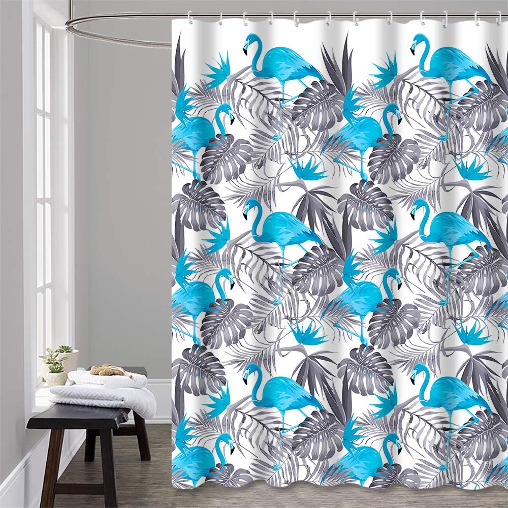 Fabric Shower Curtain Set with Hooks Blue Flamingo