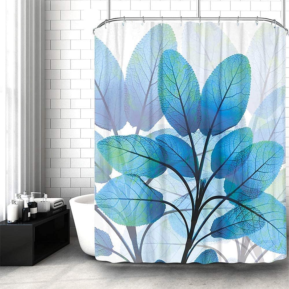 Fabric Shower Curtain Set with Hooks Mint Blue Leaves