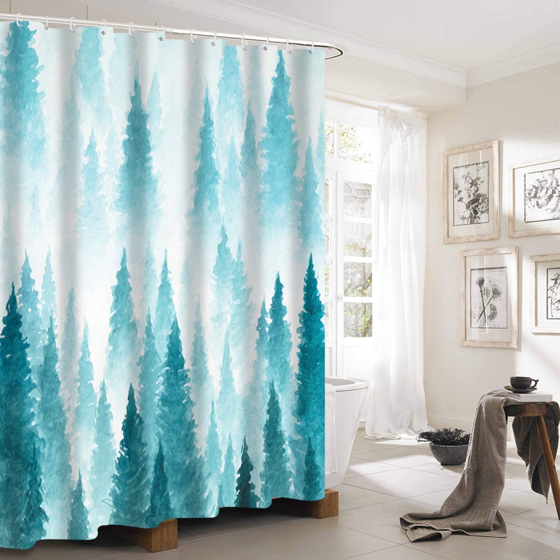 Fabric Shower Curtain Set with Hooks Mint Mountain