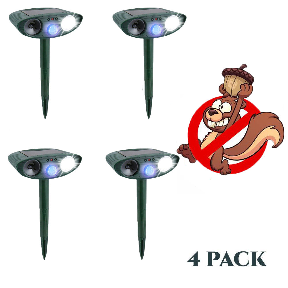 Ultrasonic Squirrel Repeller - PACK of 4 - Solar Powered - Get Rid of Squirrels in 48 Hours or It's FREE