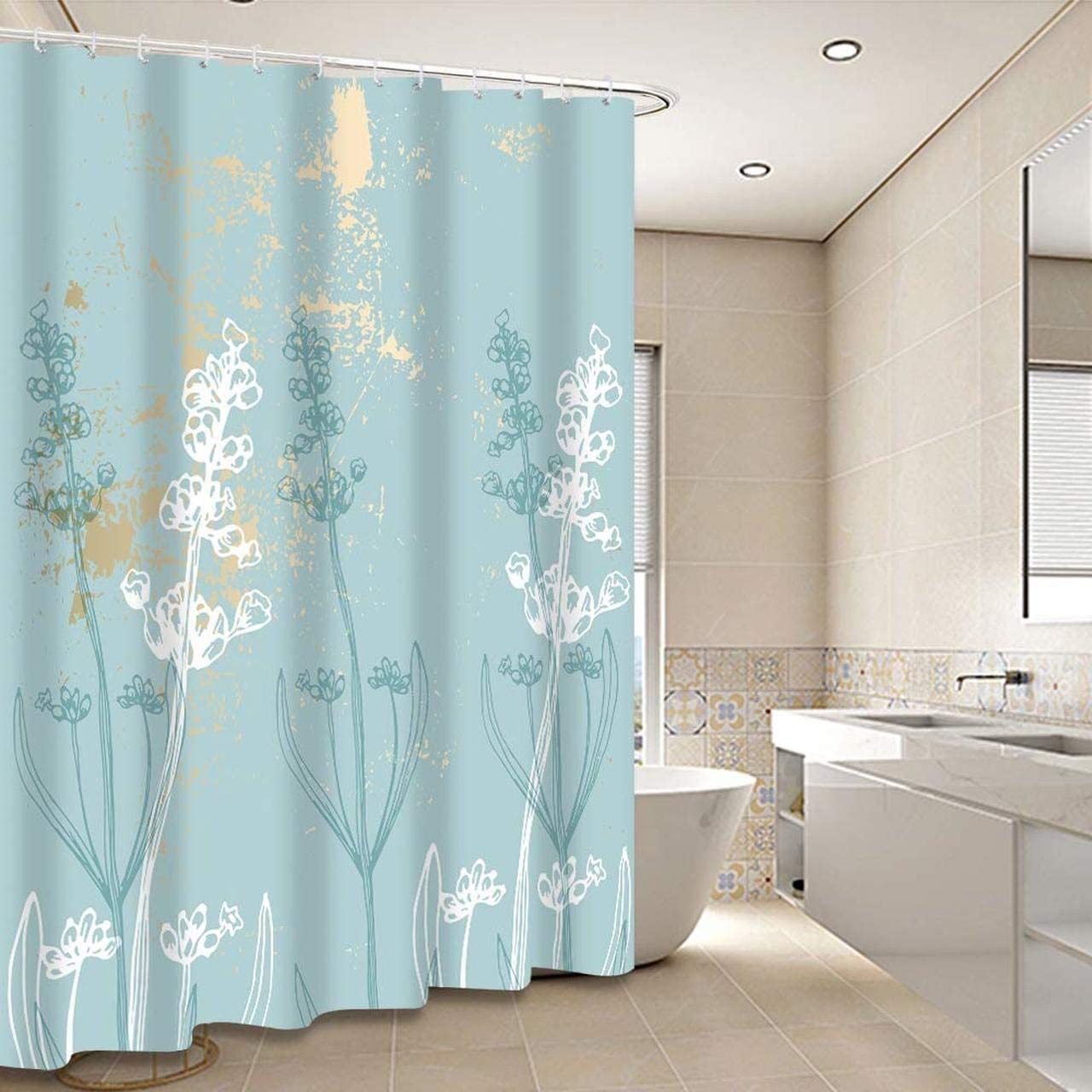 Fabric Shower Curtain Set with Hooks Mint Minimalism