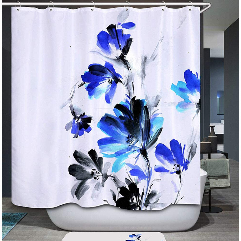 Fabric Shower Curtain Set with Hooks Blue Flowers