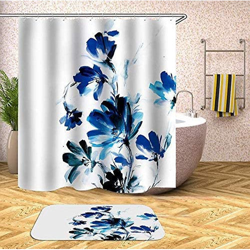 Fabric Shower Curtain Set with Hooks Blue Flowers