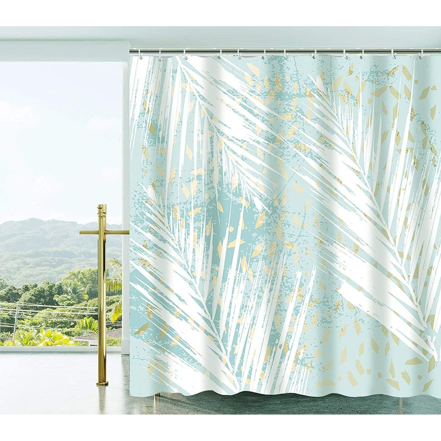 Fabric Shower Curtain Set with Hooks Green Tropical Leaves