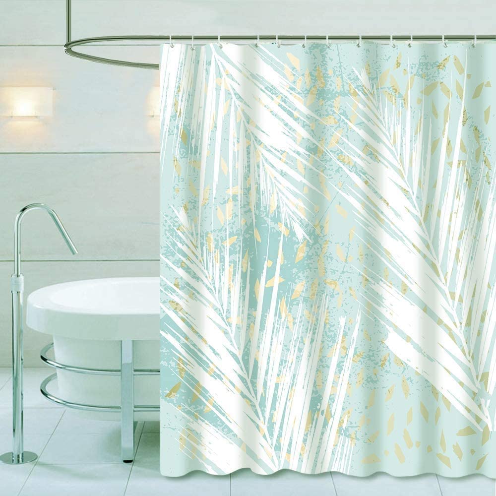 Fabric Shower Curtain Set with Hooks Green Tropical Leaves