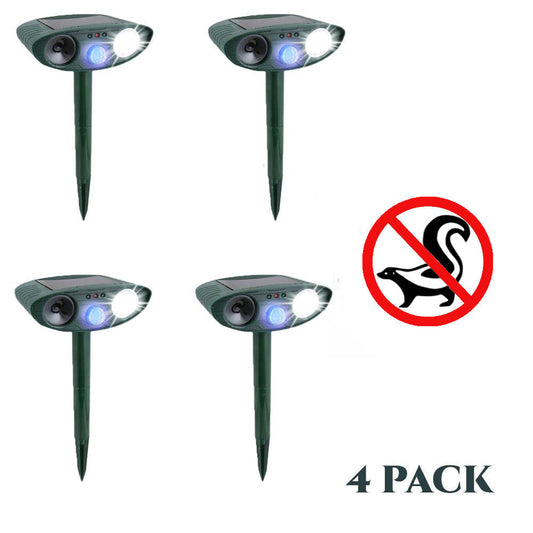 Skunk Outdoor Ultrasonic Repeller PACK OF 4 - Solar Powered Ultrasonic Animal & Pest Repellant - Get Rid of Skunks in 72 Hours or It's FREE