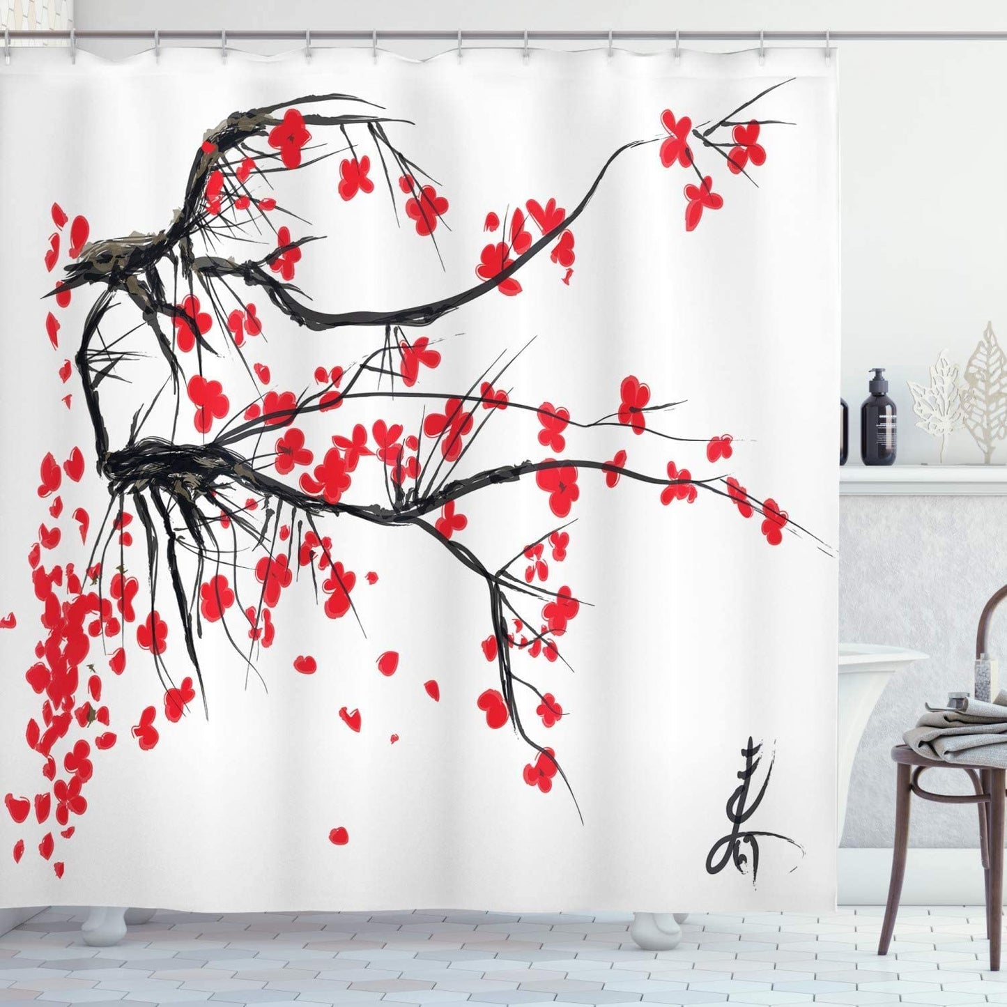 Fabric Shower Curtain Set with Hooks Sakura Blooming Tree