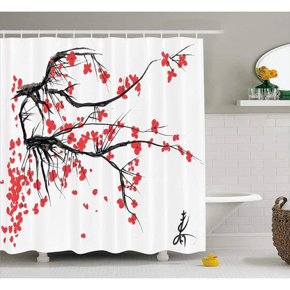 Fabric Shower Curtain Set with Hooks Sakura Blooming Tree